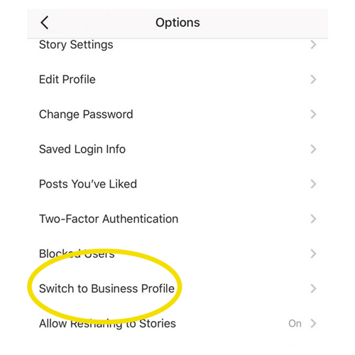 Instagram business profile selection