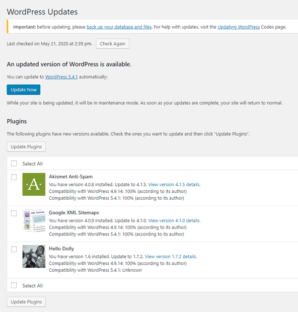 Wordpress updates cms page screenshot