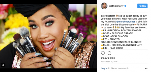 Instagram post by Patrick Starr promoting Morphe makeup brushes