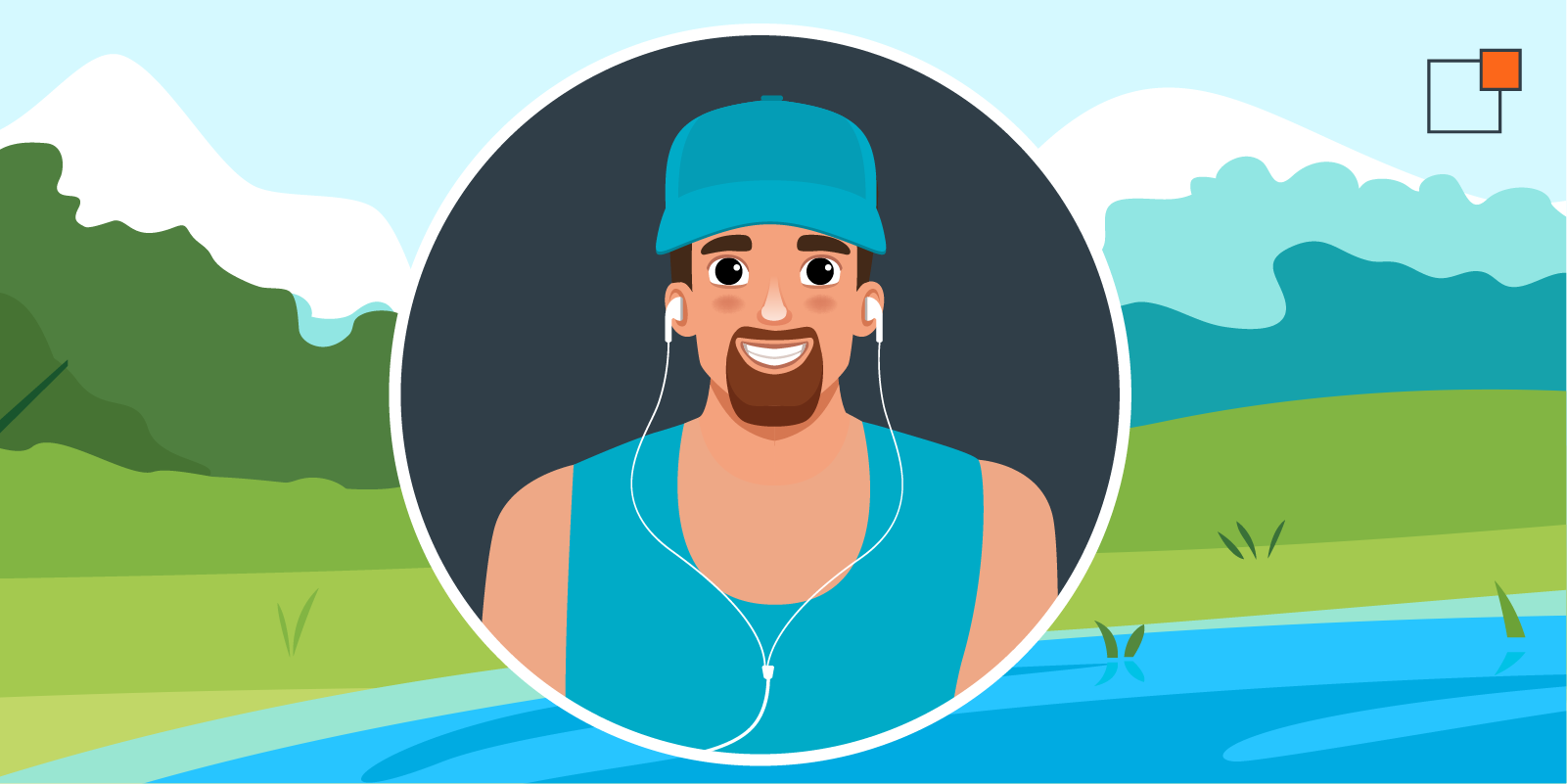 graphic of a guy with a baseball hat on, wearing a blue tank top with headphones in and sunscreen on his nose in front of a lake and mountain scene