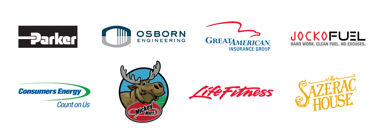 Logos for: Parker Hannifin, Osborn Engineering, Great American Insurance Group, Jocko Fuel, Consumers Energy, Mickey Mart, Life Fitness, The Sazerac House