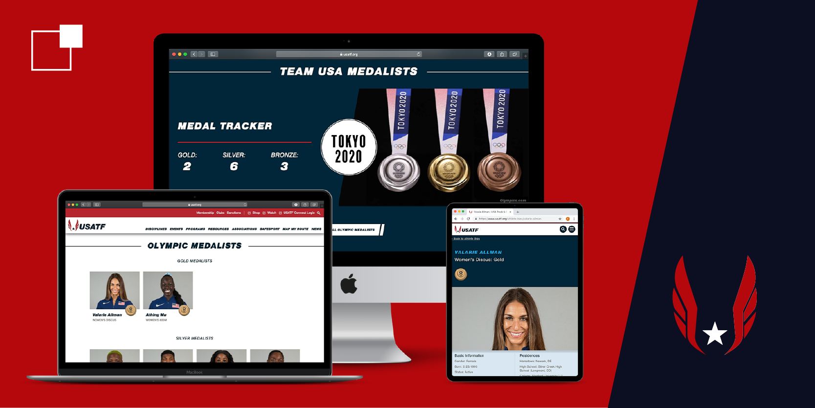 USATF website on a computer monitor, laptop and mobile device