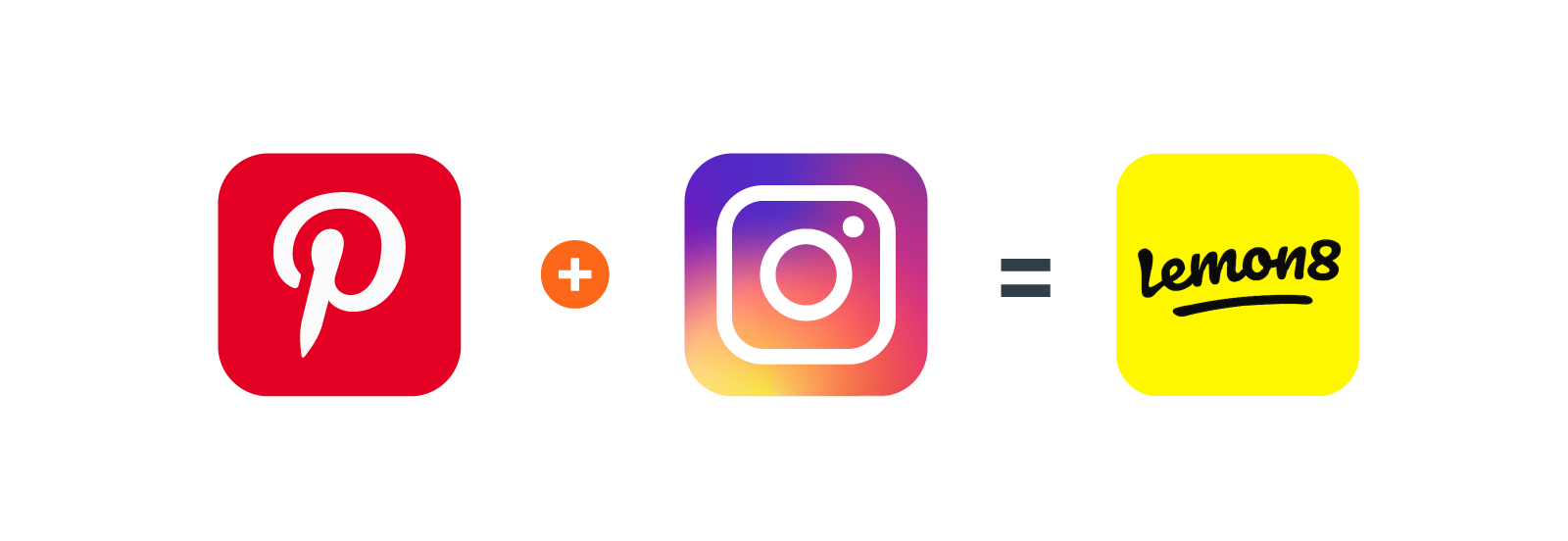 Pinterest logo, plus sign, Instagram logo, equal sign, Lemon8 logo