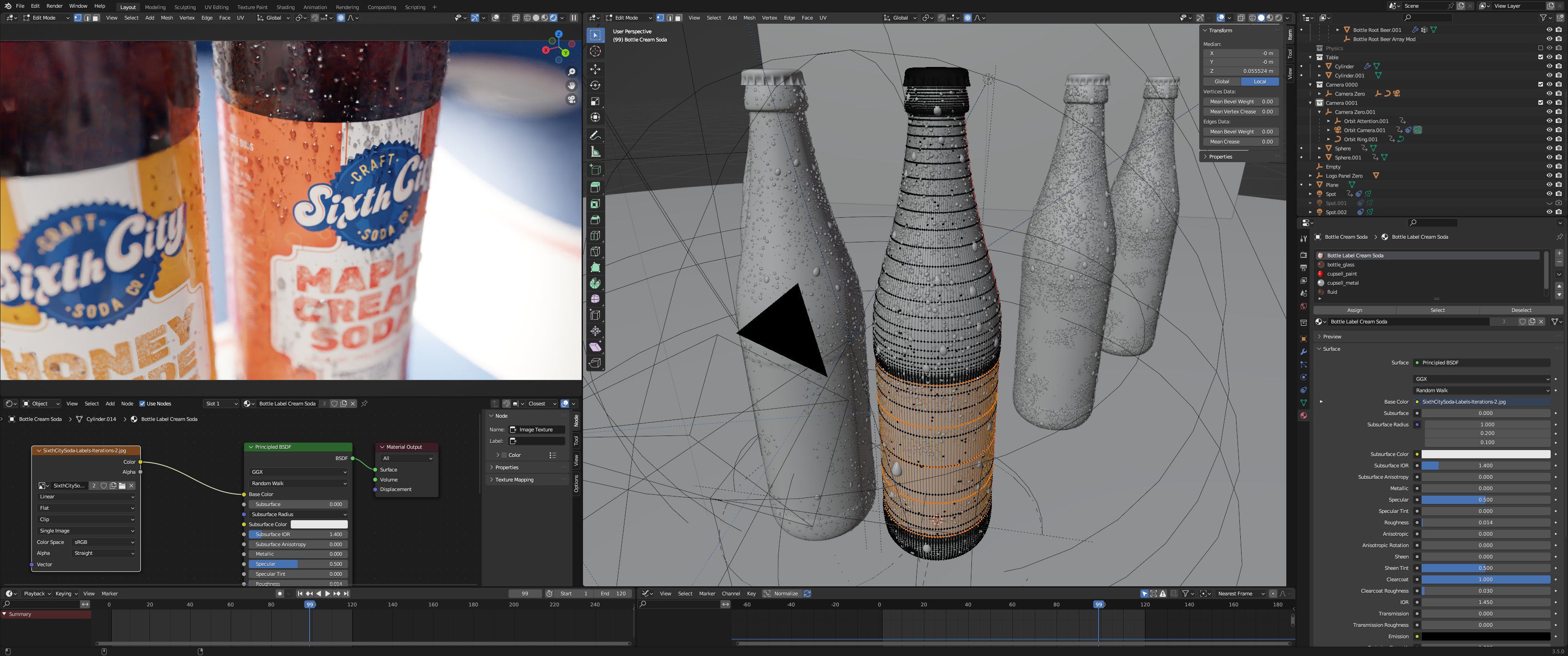 3D rendering of a soda bottle with the design program open next to the final image
