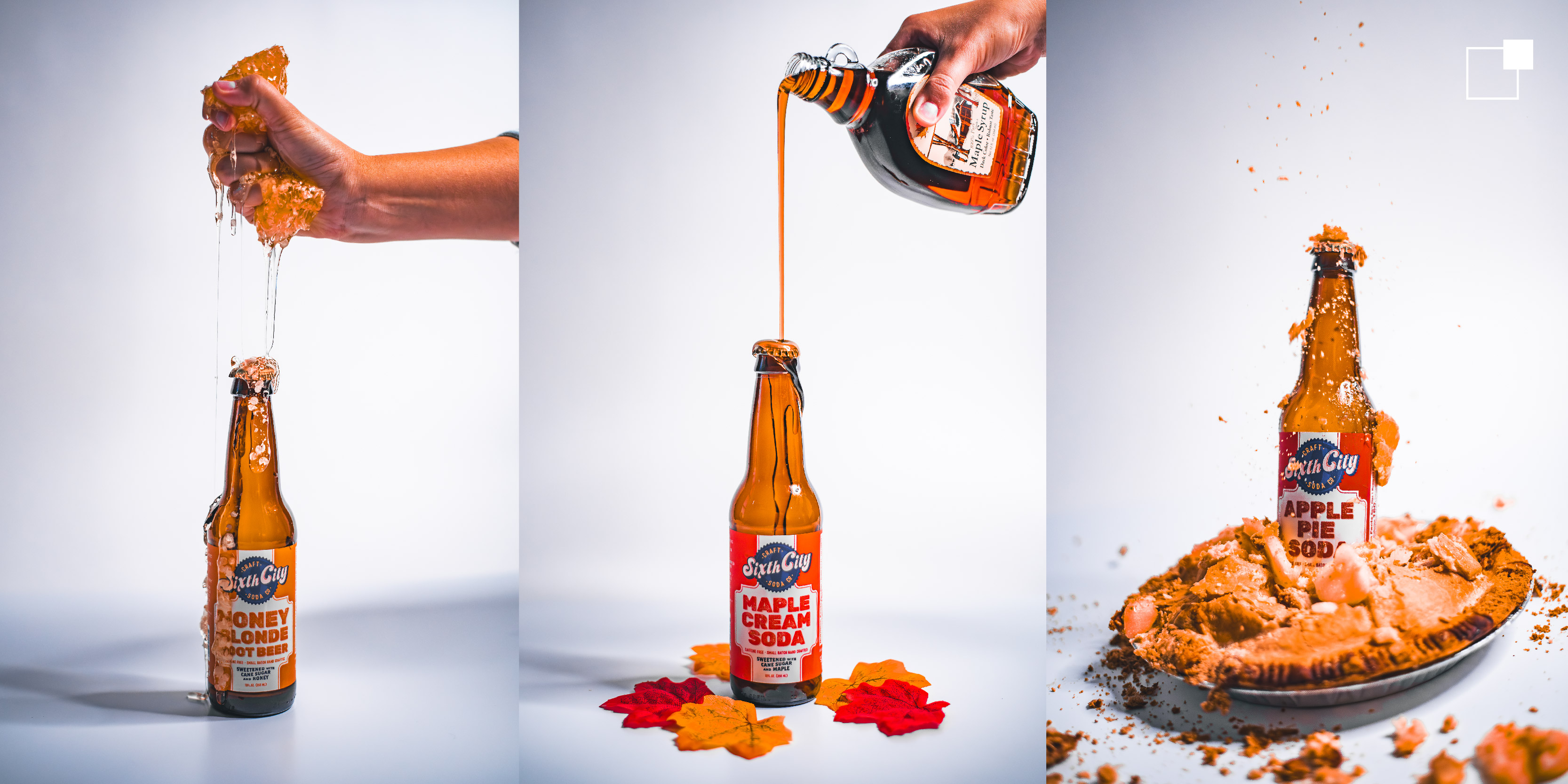 Honeycomb squeezed onto soda bottle, maple syrup pouring onto soda bottle, soda bottle smashed into an apple pie