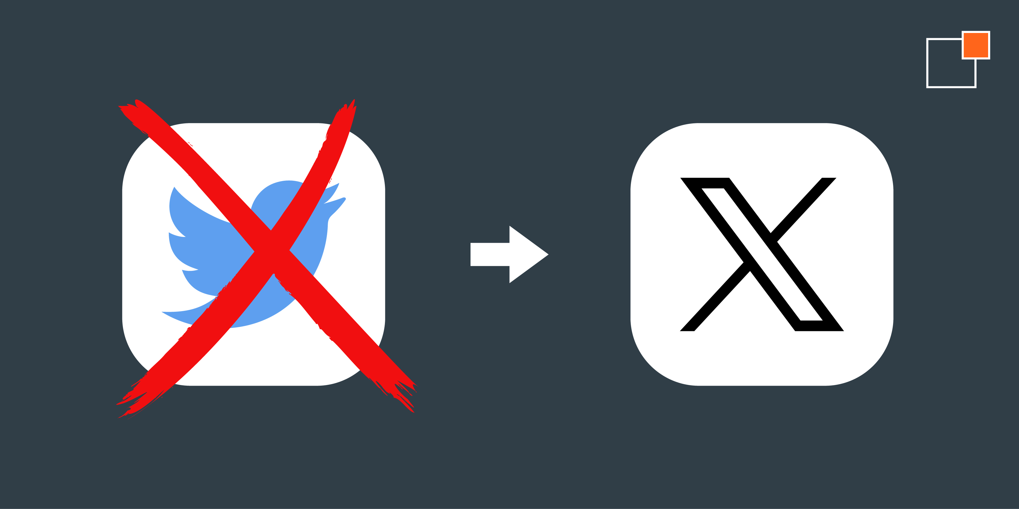 Crossed-out Twitter logo pointing to the new "X" logo