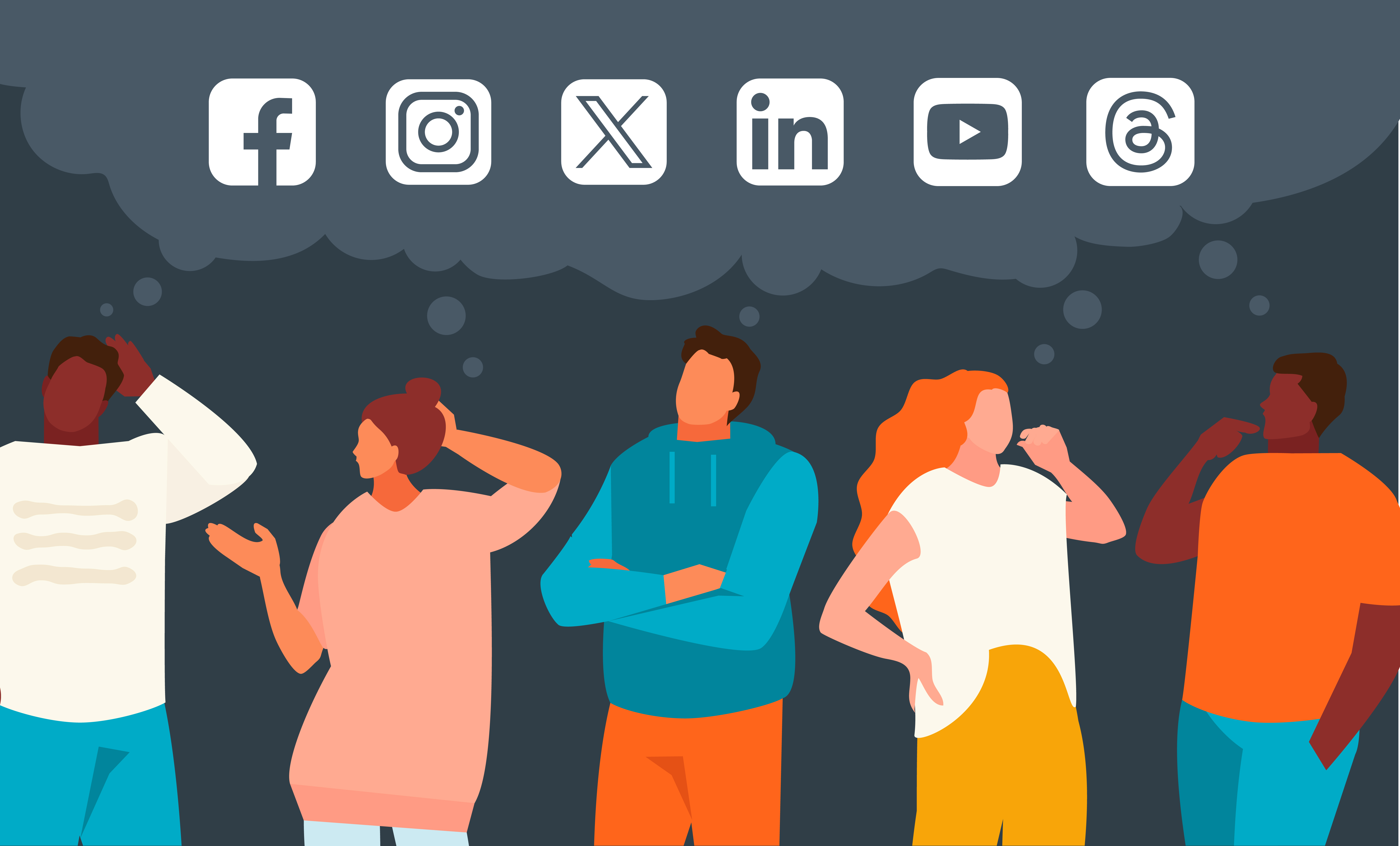 Group of people with a thought bubble filled with different social media logos inside
