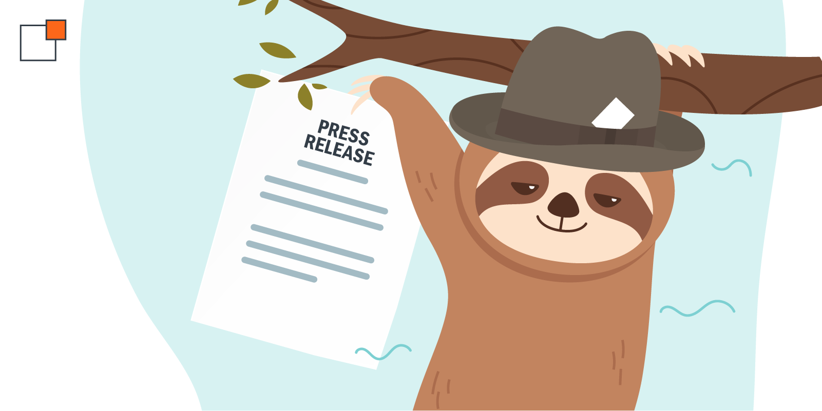 Sloth wearing a reporter's hat holding a press release