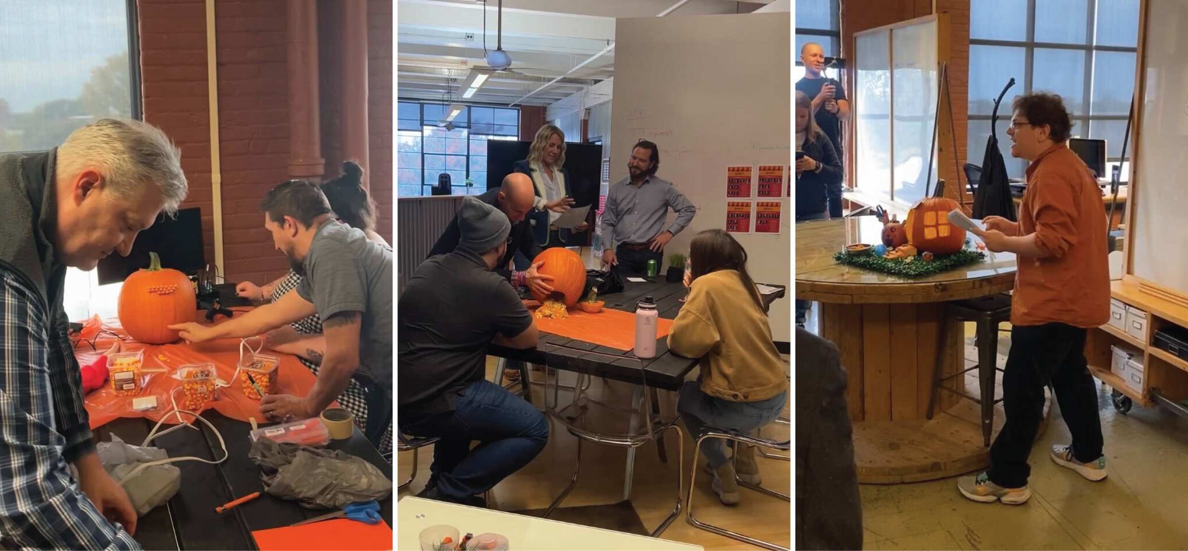 Three pictures of different groups carving pumpkins