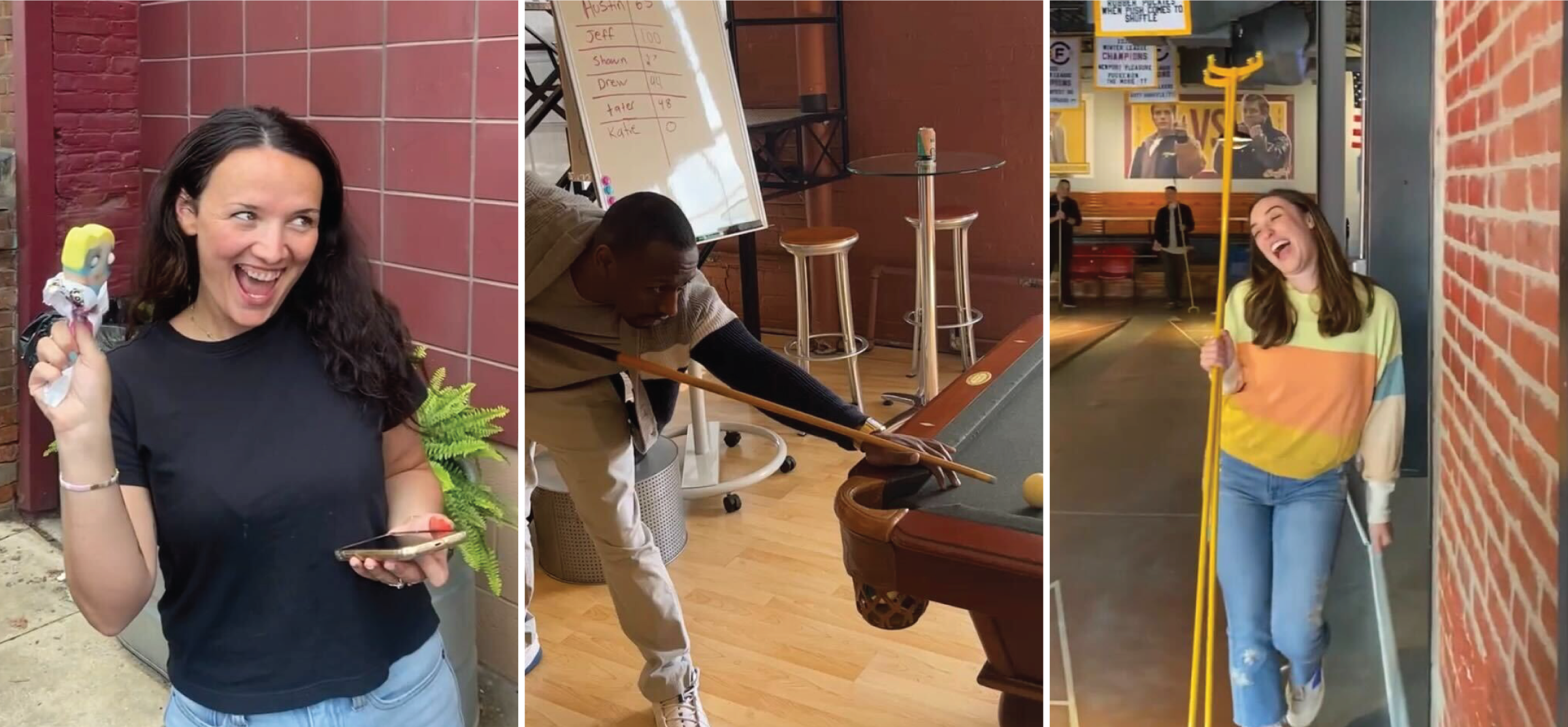 Picture of a woman holding a popsicle, picture of a man holding a cue stick playing pool, picture of a woman laughing holding a shuffle board stick