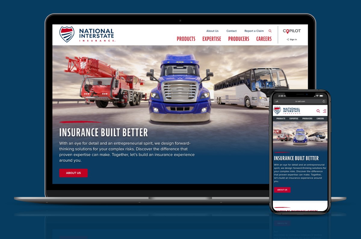 National Interstate Insurance website mockup on laptop and mobile device.